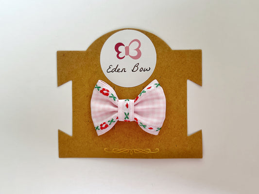 Pink floral embroidery gingham bow