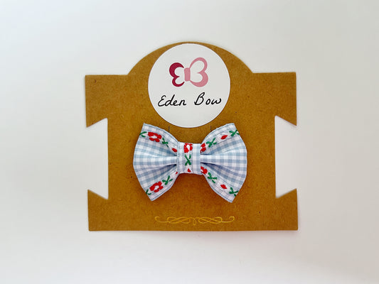 Blue floral embroidery gingham bow