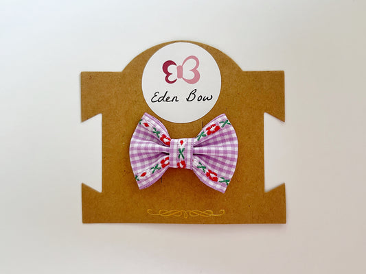 Purple floral embroidery gingham bow
