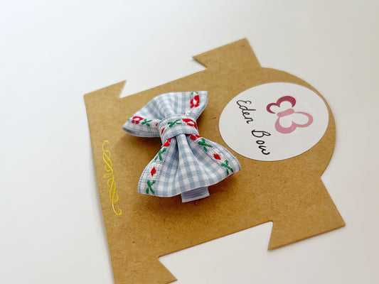 Blue floral embroidery gingham bow