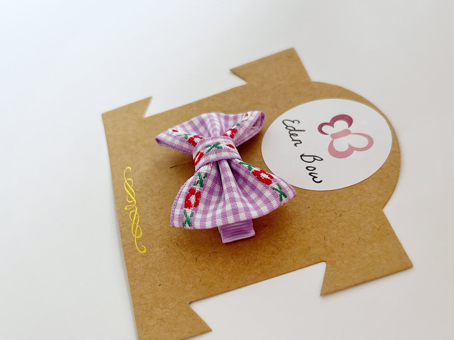 Purple floral embroidery gingham bow