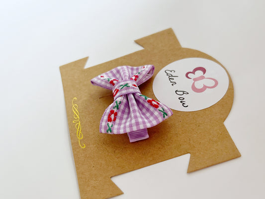 Purple floral embroidery gingham bow
